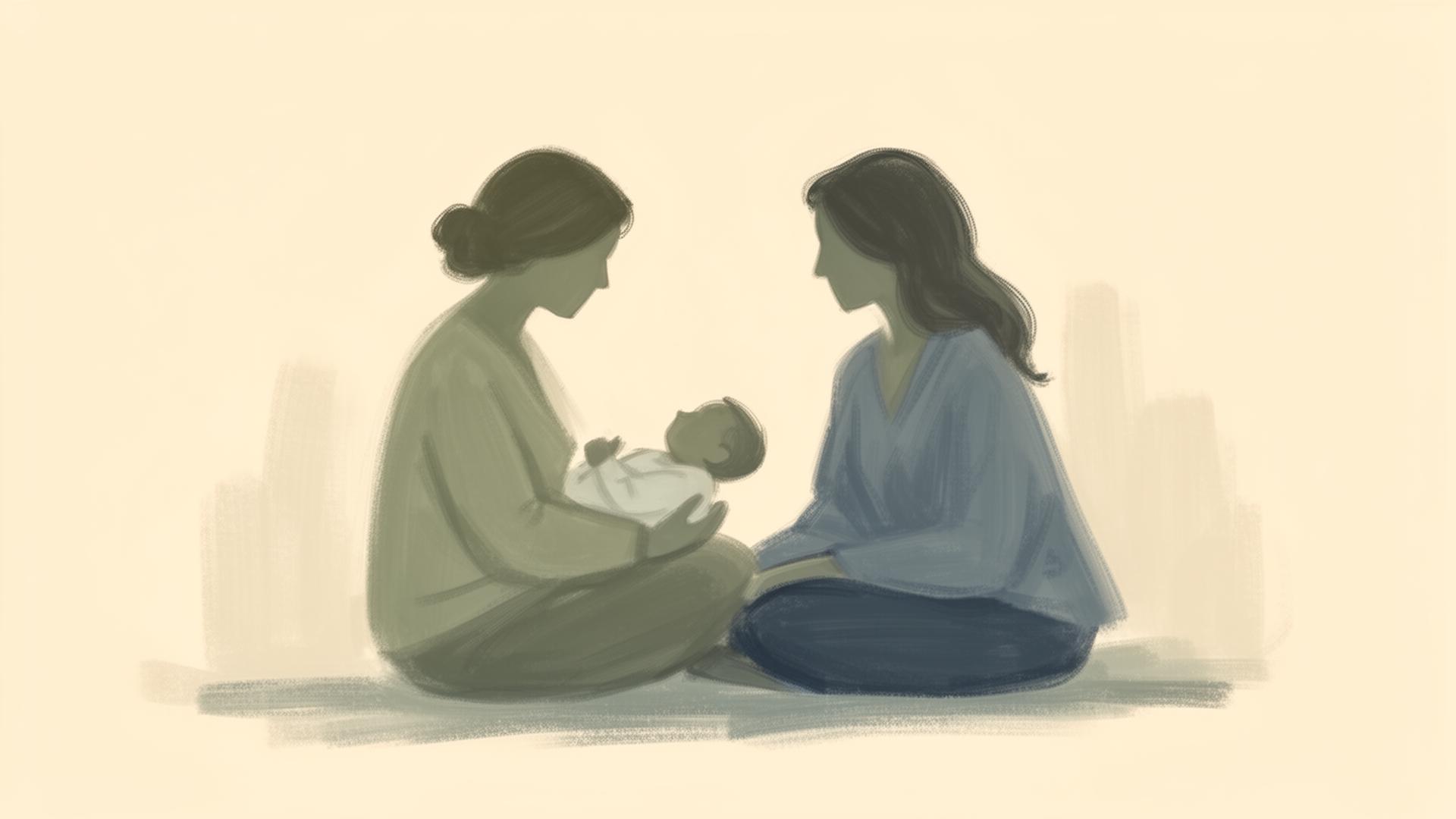 Two mothers sitting together with a baby, an illustration